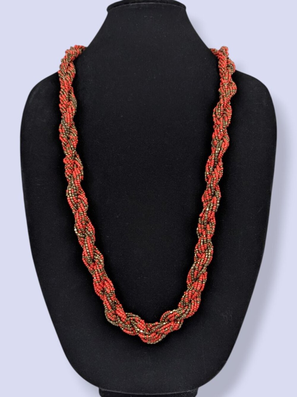 (2/$20) Long Red-Orange & Gold Seed Bead Torsade Necklace
